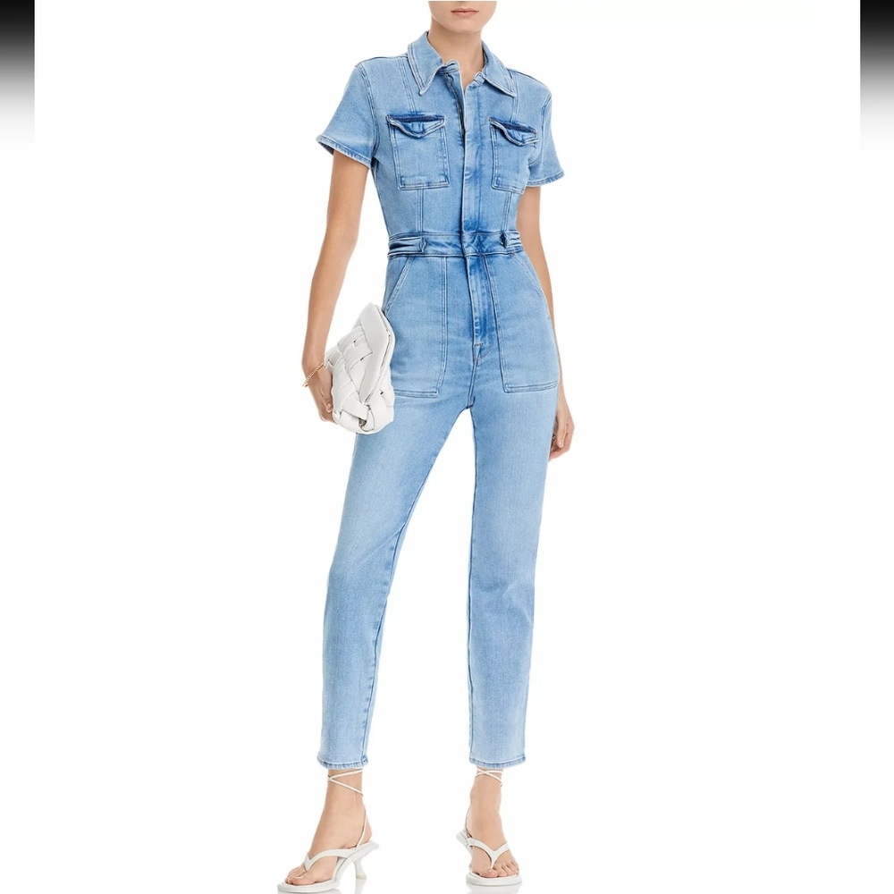 Good American Light Wash Denim Short-Sleeve Utility Jumpsuit